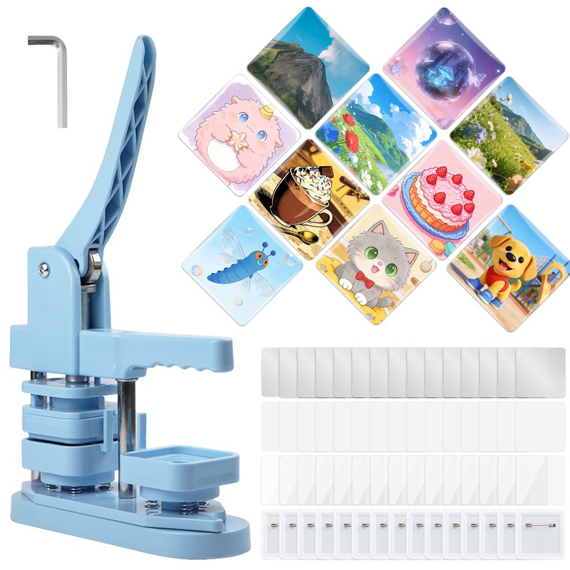 Square Button Badge Maker Machine Kit with Blank Parts, Blue