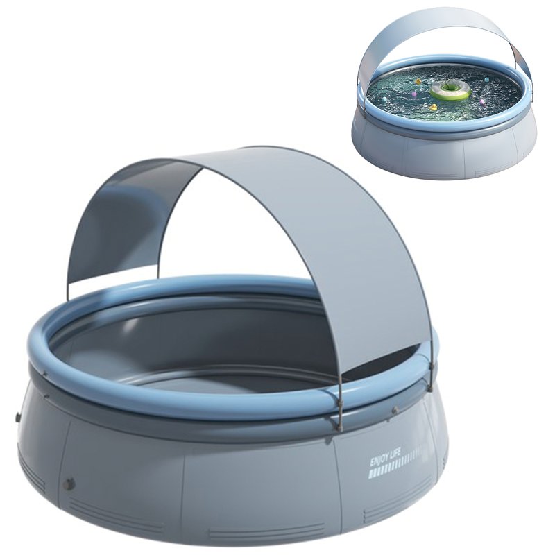 Inflatable Round Swimming Pool with Sun Shade Canopy Gray