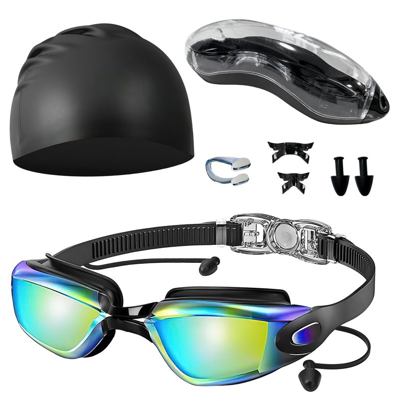 Swim Goggles Set with Cap Nose Clip and Ear Plugs