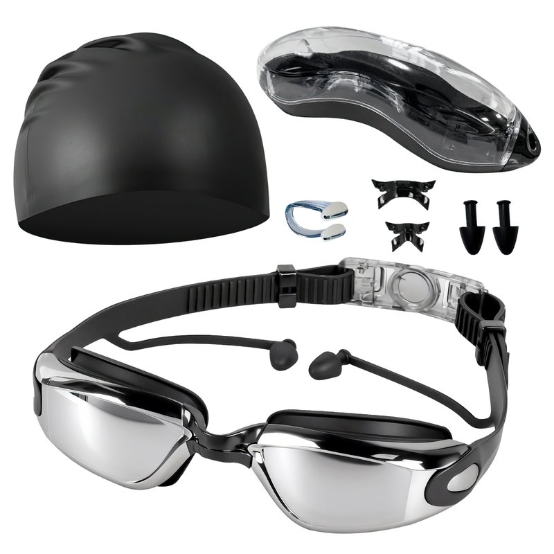 Swim Goggles Set with Cap and Ear Plugs Silver Mirrored
