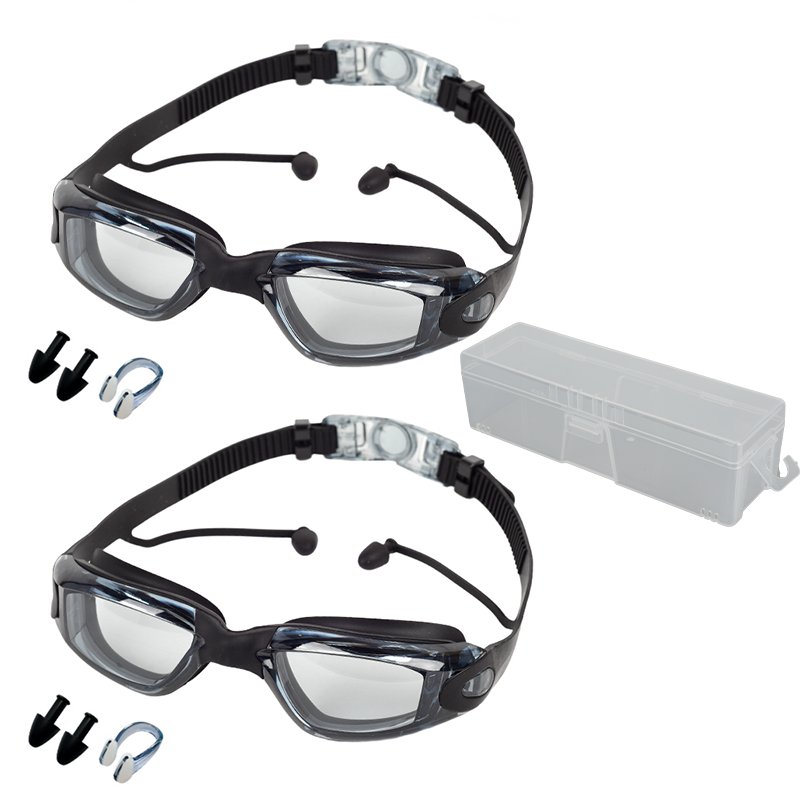 Swimming Goggles 2-Pack with Earplugs Nose Clip and Case