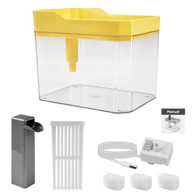 Transparent Pet Water Fountain with Yellow Lid Pump and Filters